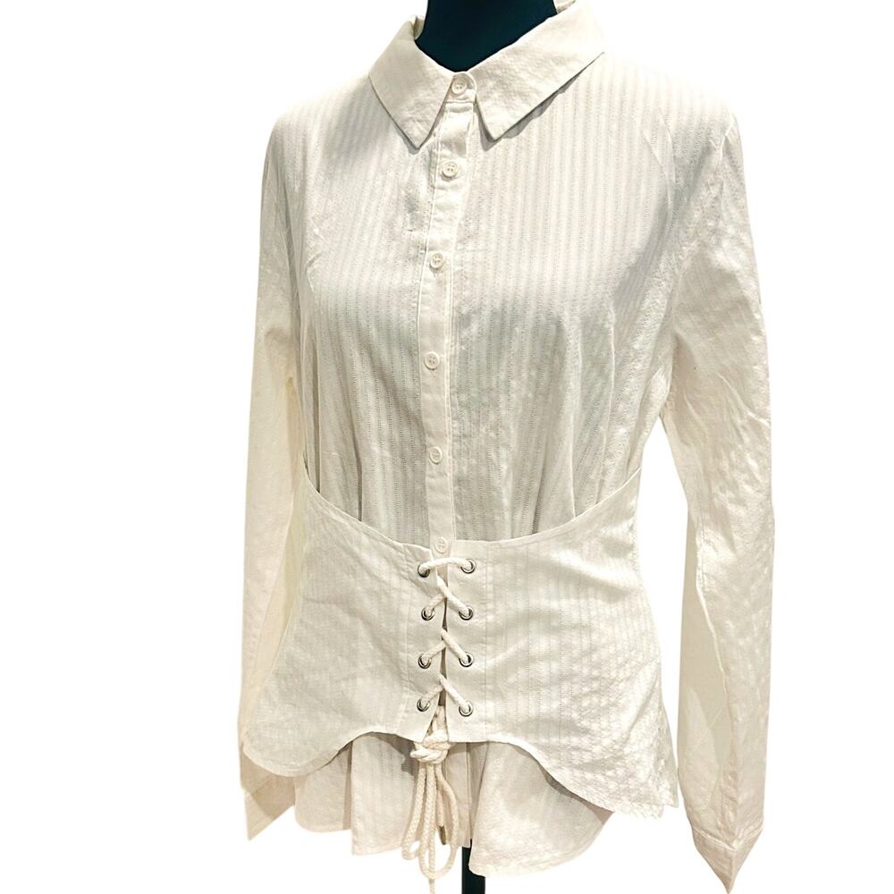 June & Hudson Corset Blouse White Long Sleeve Lace Up Top Size Small